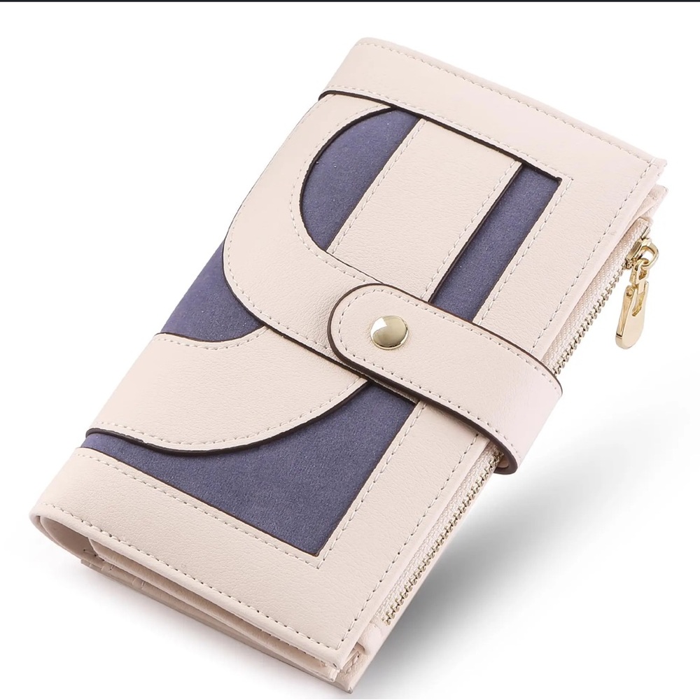 NEW! Leather Wallet with RFID Blocking Tri-fold Design Pen Holder Cream Blue